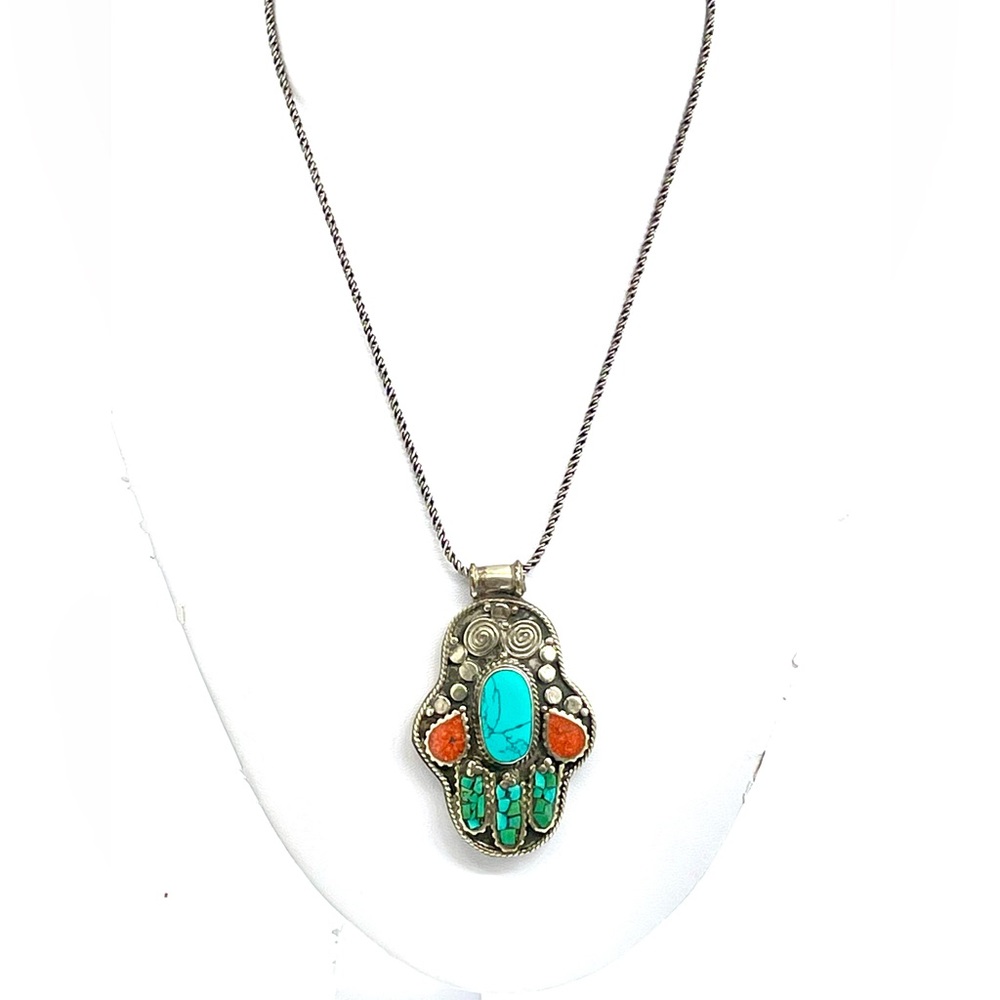 Tibetan Coral and Turquoise Pendant .925 Chain